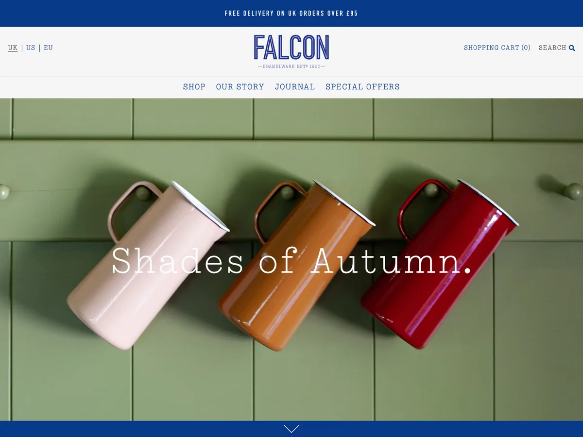Falcon Enamelware website with enamel mugs in autumn colours