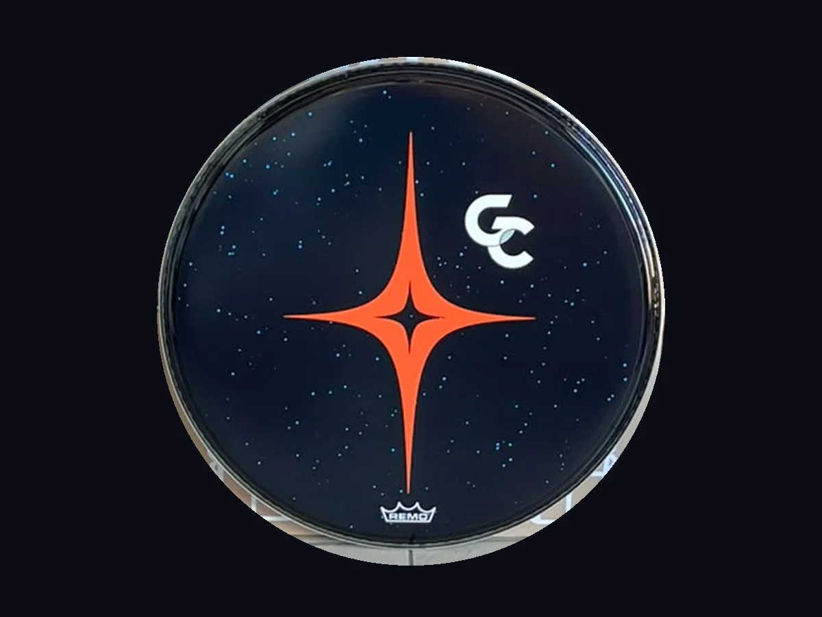 The printed GC bass drum head on a Remo drum head