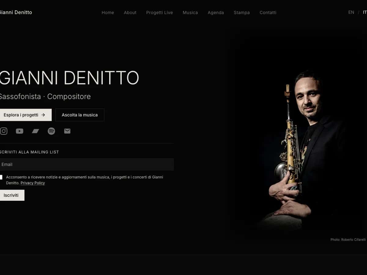 Gianni Denitto website on desktop, saxophonist and composer