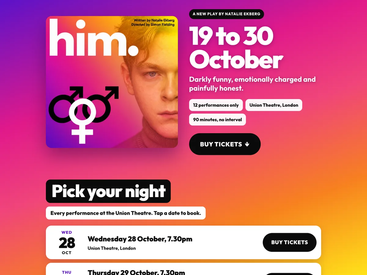 HIM ticket page listing every performance at the Union Theatre