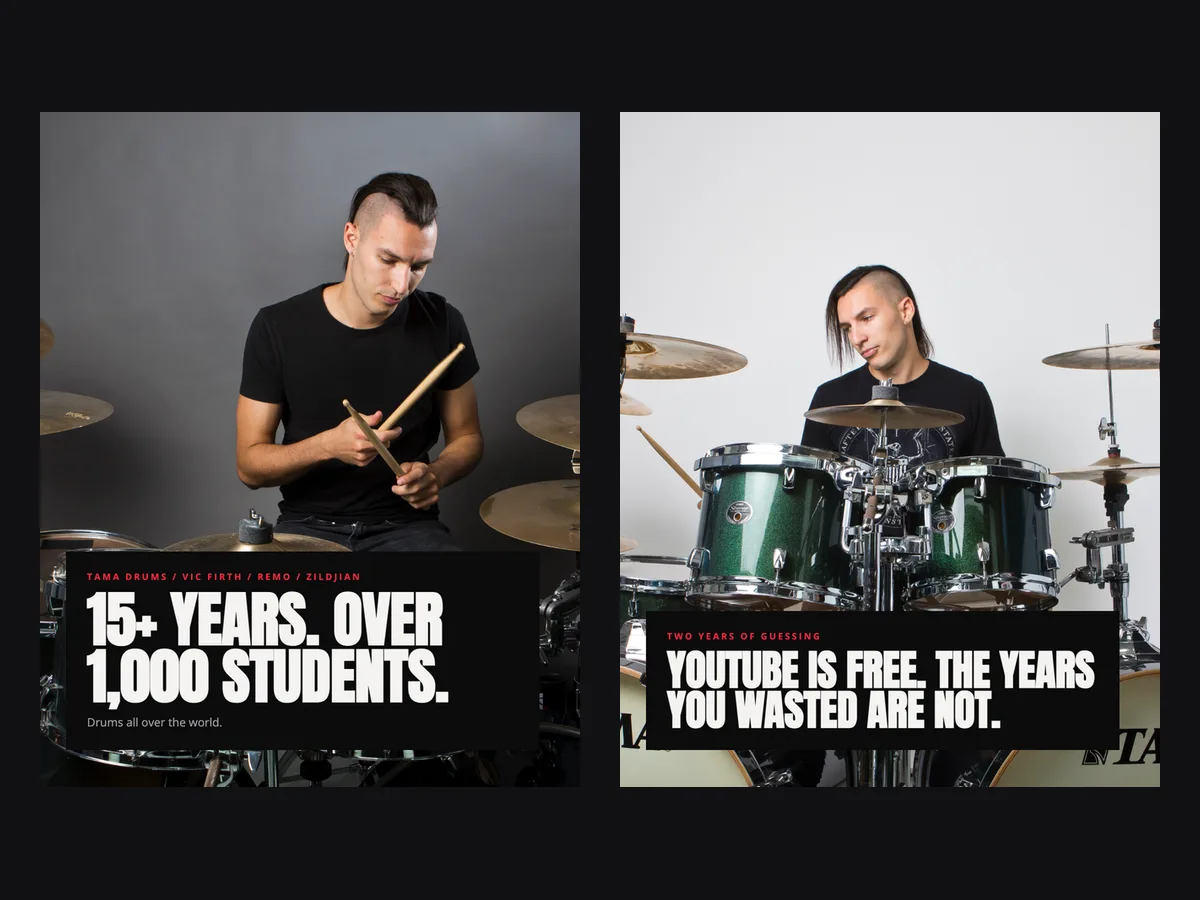 Our James Payne ads: “15+ years, over 1,000 students” and “YouTube is free. The years you wasted are not.”