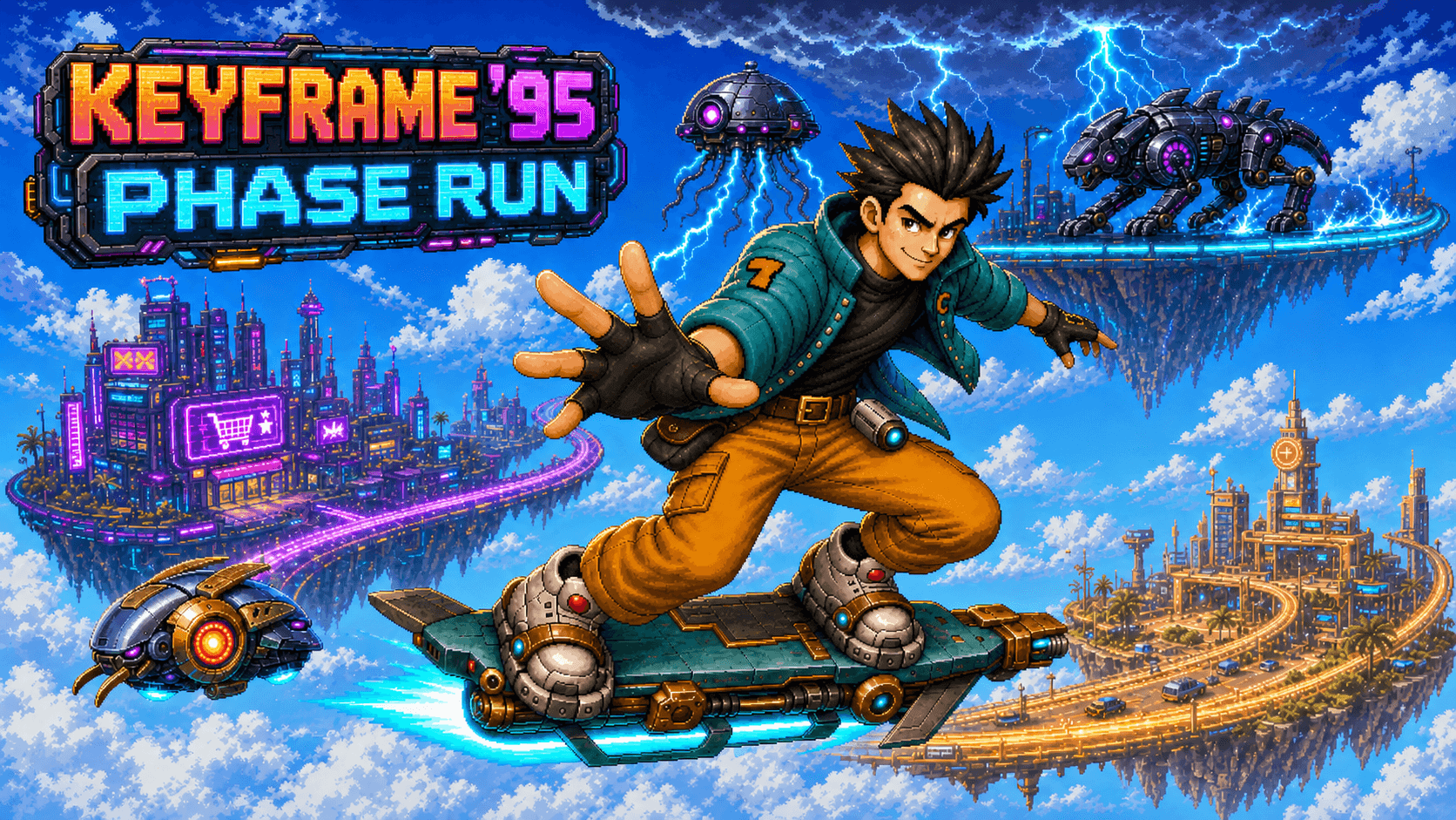Keyframe ’95 title art: a hoverboard rider reaching toward the player between floating timeline worlds under a storm sky
