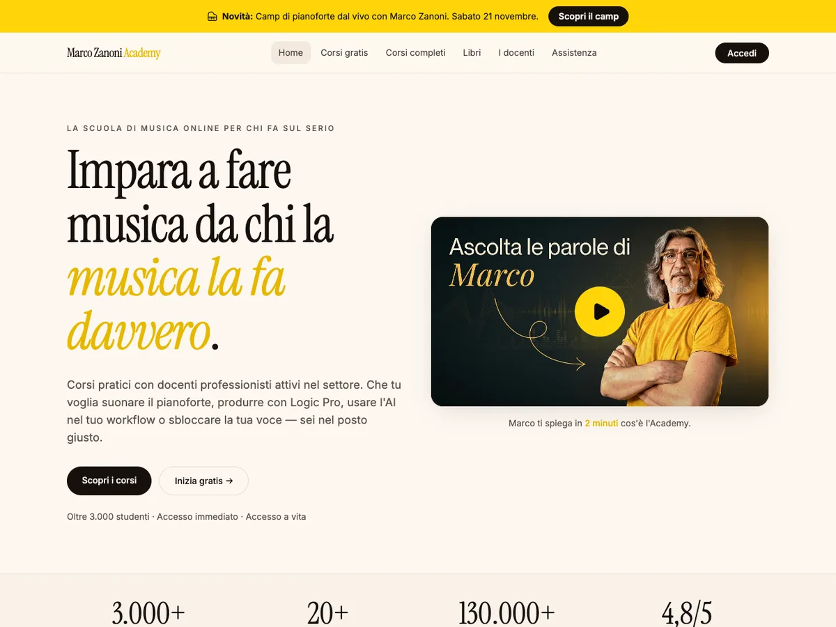 Marco Zanoni Academy homepage: learn music from people who make it