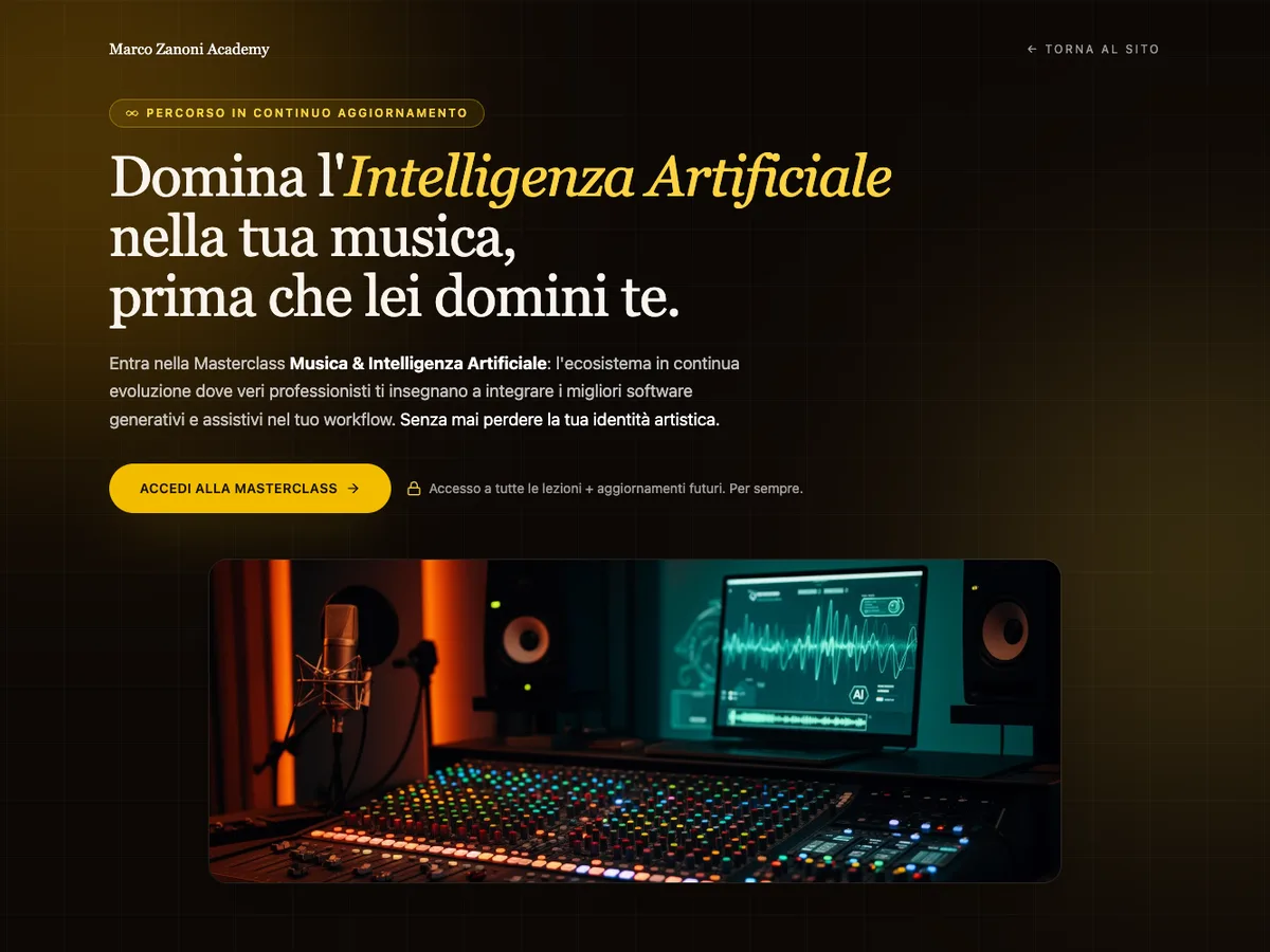 Masterclass Musica & AI course page, Marco Zanoni Academy