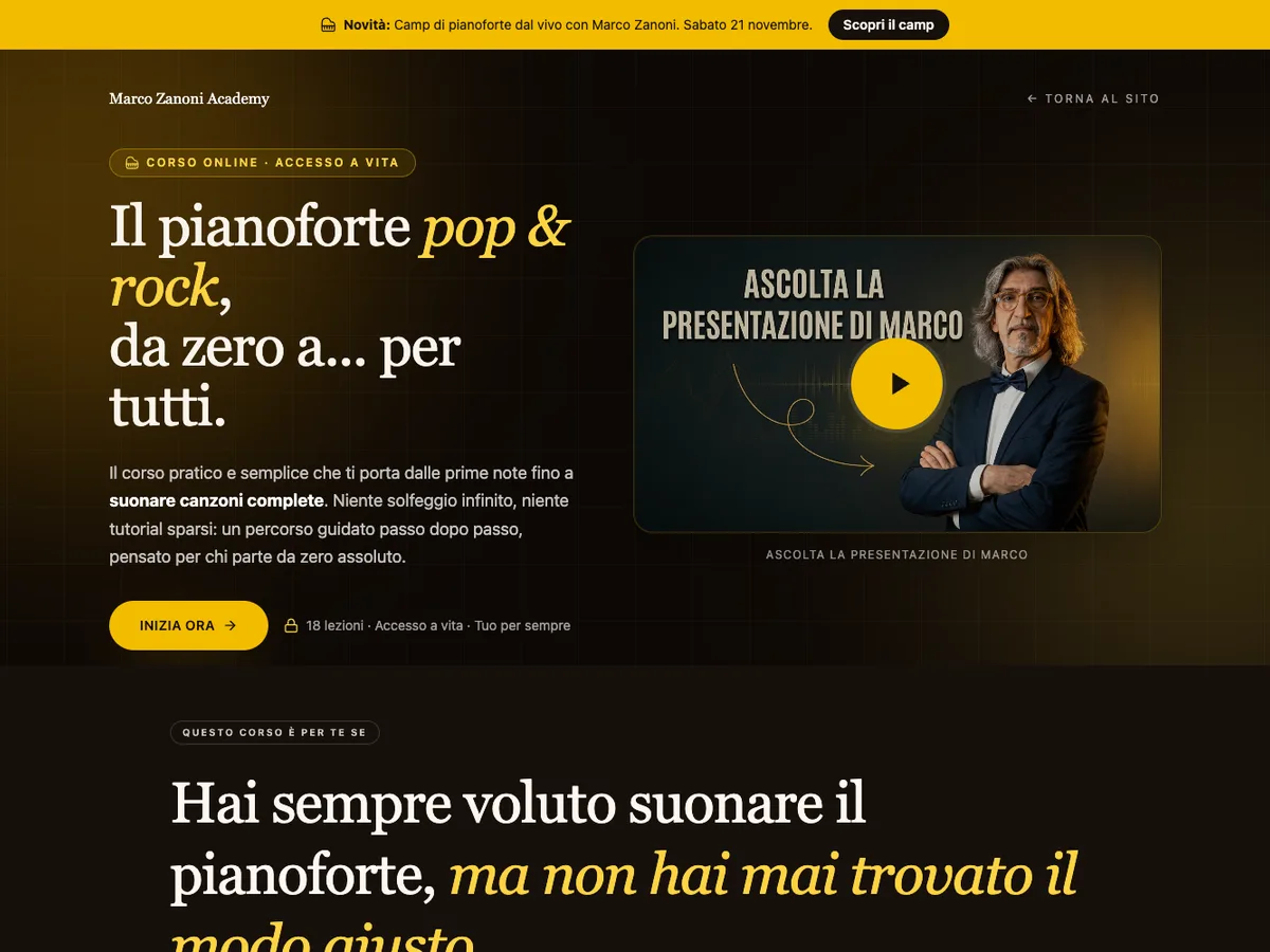 Il Pianoforte Pop/Rock course page, Marco Zanoni Academy