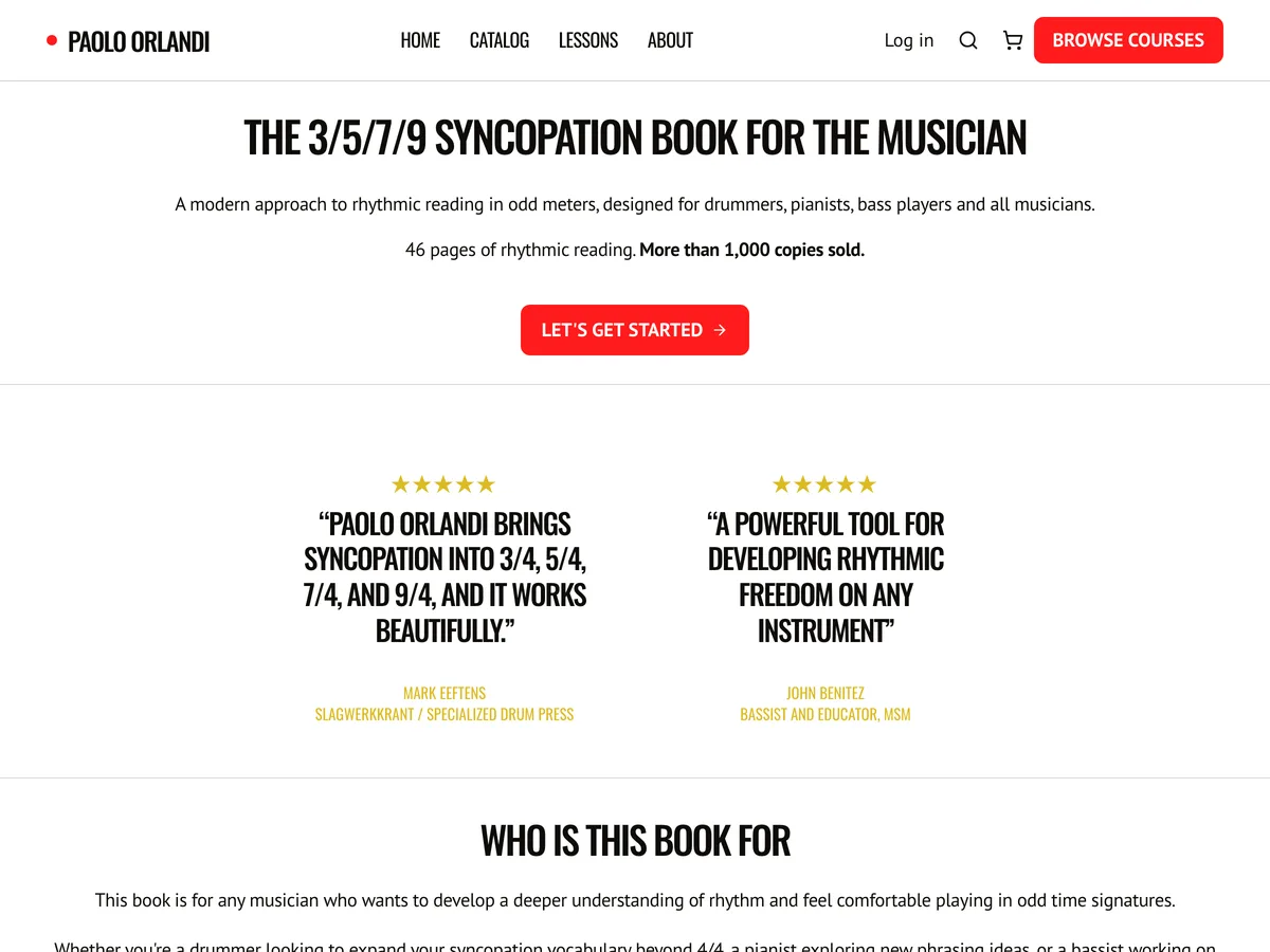 Sales page for the 3/5/7/9 Syncopation Book by Paolo Orlandi