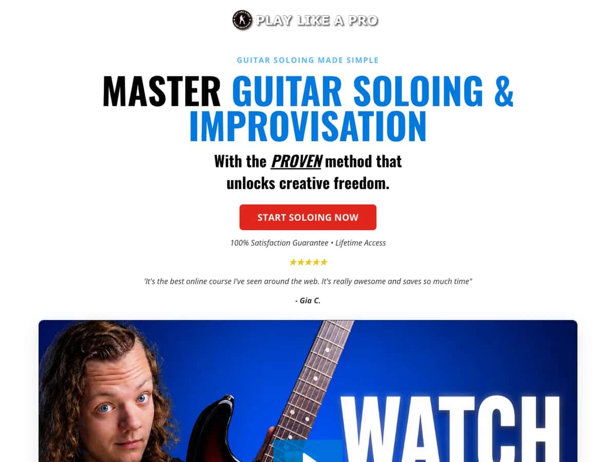 Play Like A Pro course page for Guitar Soloing Made Simple, with Jamie Ellis and his guitar
