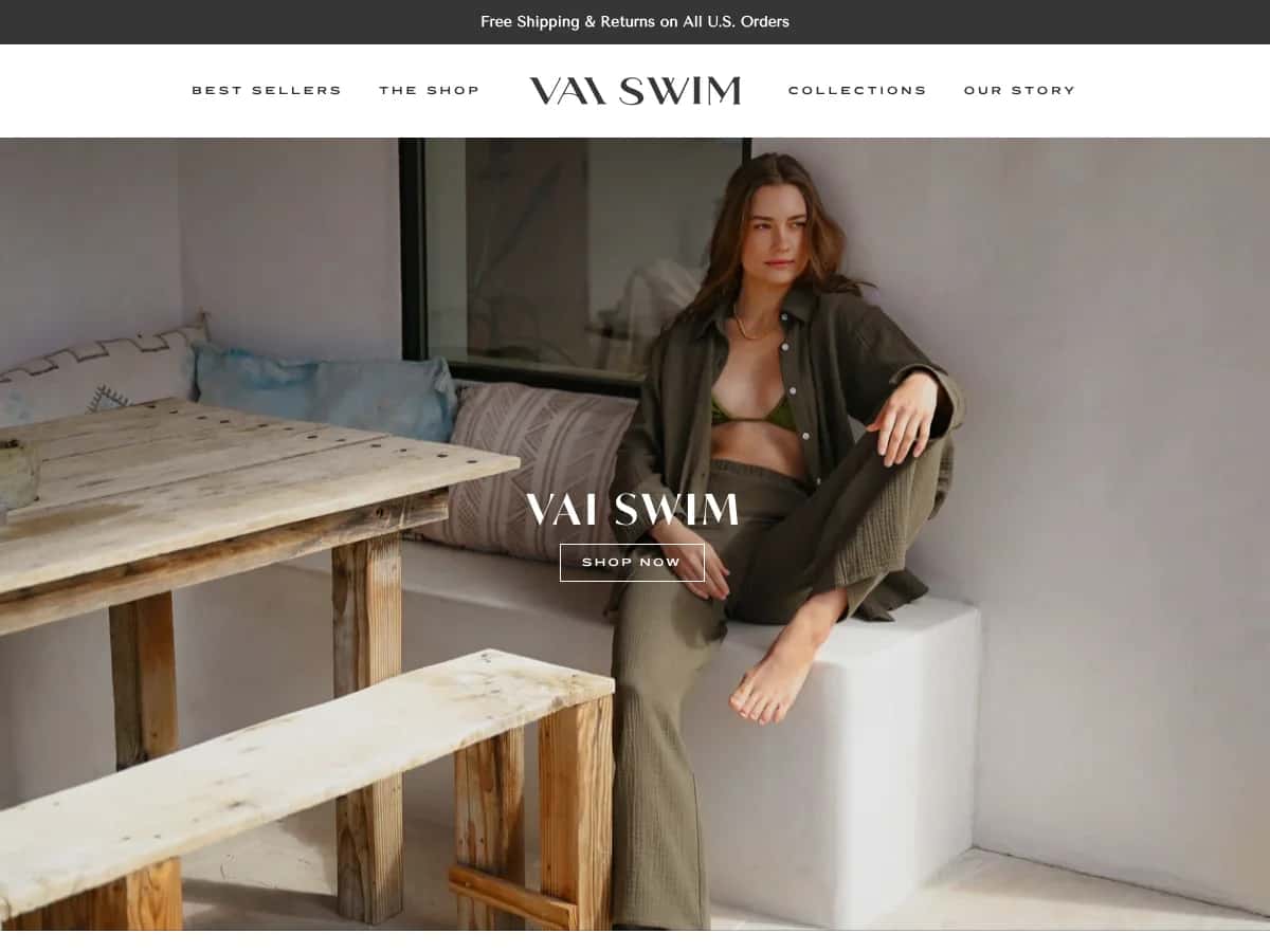 Vai Swim website homepage with model in olive swimwear