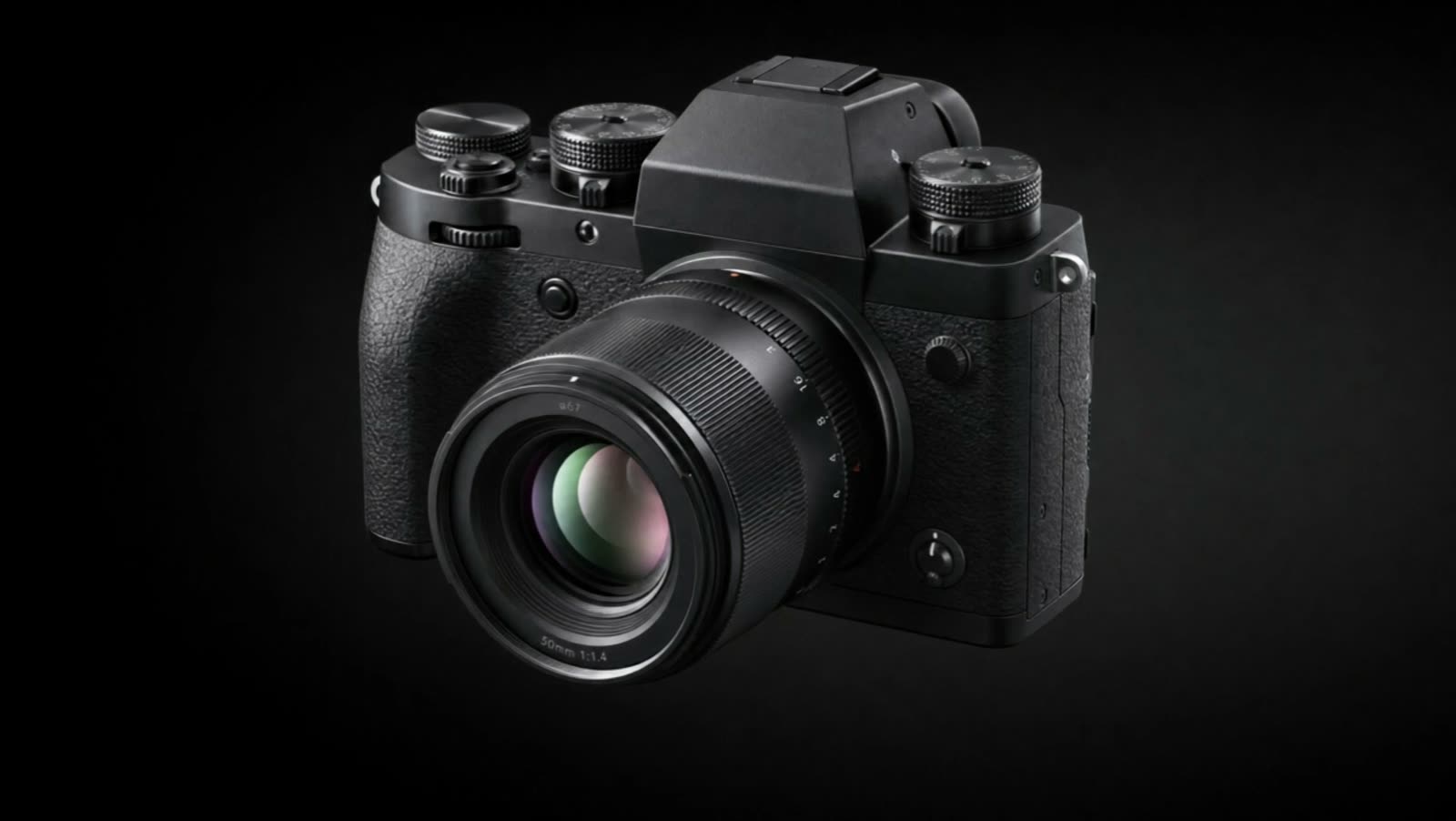 Premium mirrorless camera with a 50mm prime lens floating in a dark studio, fully assembled