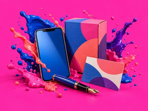 A phone, packaging, business card and pen nib, in paint