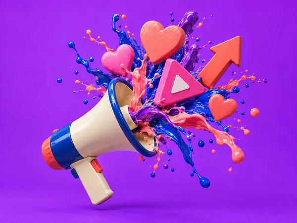 A megaphone with social reactions bursting out, in paint